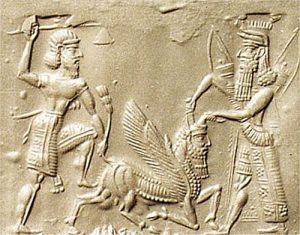 考古學家在伊拉克發掘出土的古墓中，記述Gilgamesh史詩的浮雕。